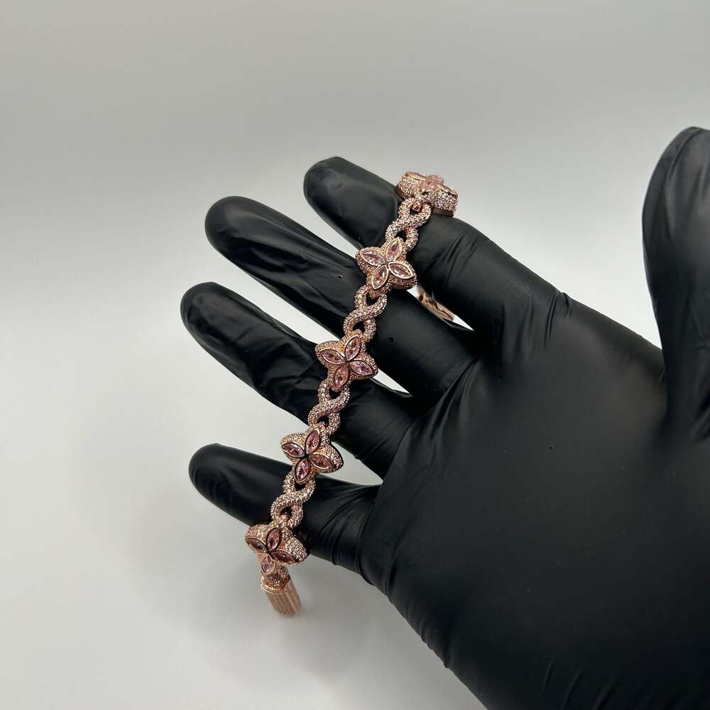 Moissanite Pink Rose Gold Clover Bracelet 8 Inch Womens VVS1 Crazy Shine Iced